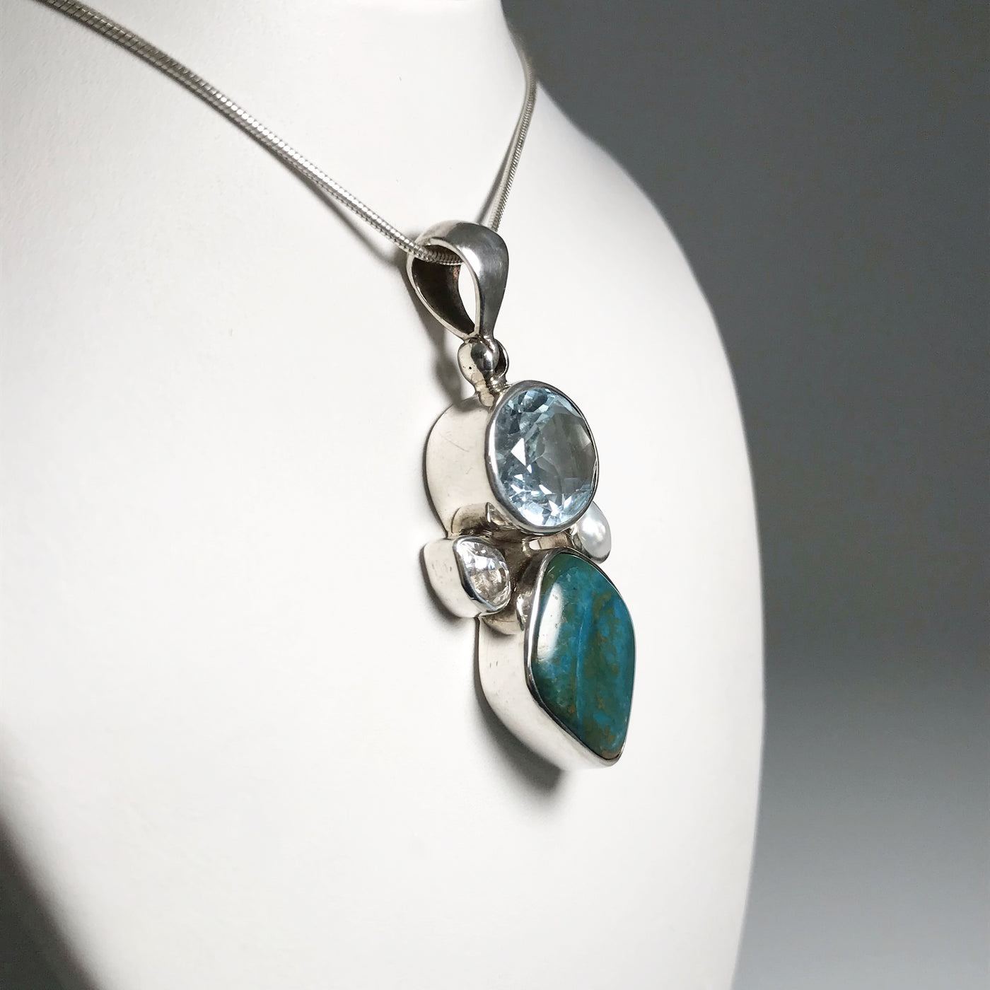 Blue Peruvian Opal with Topaz and Pearl Pendant