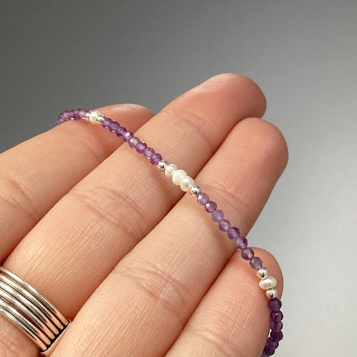 Amethyst and Pearl Sterling Silver Beaded Bracelet