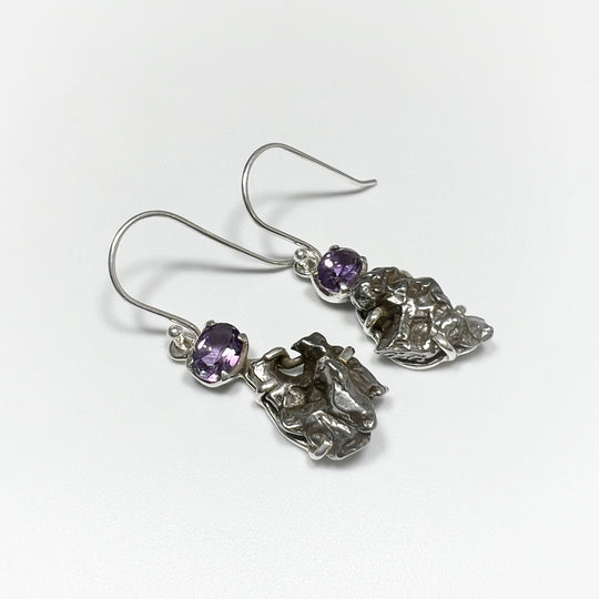 Campo Del Cielo Meteorite and Faceted Amethyst Dangle Earrings - Rocks and Gems Canada