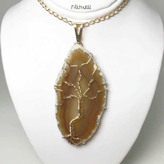Tree of Life on Agate Slice Necklace - Gold Plated - Rocks and Gems Canada