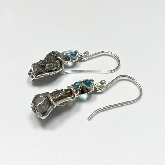 Campo Del Cielo Meteorite and Faceted Blue Topaz Dangle Earrings - Rocks and Gems Canada
