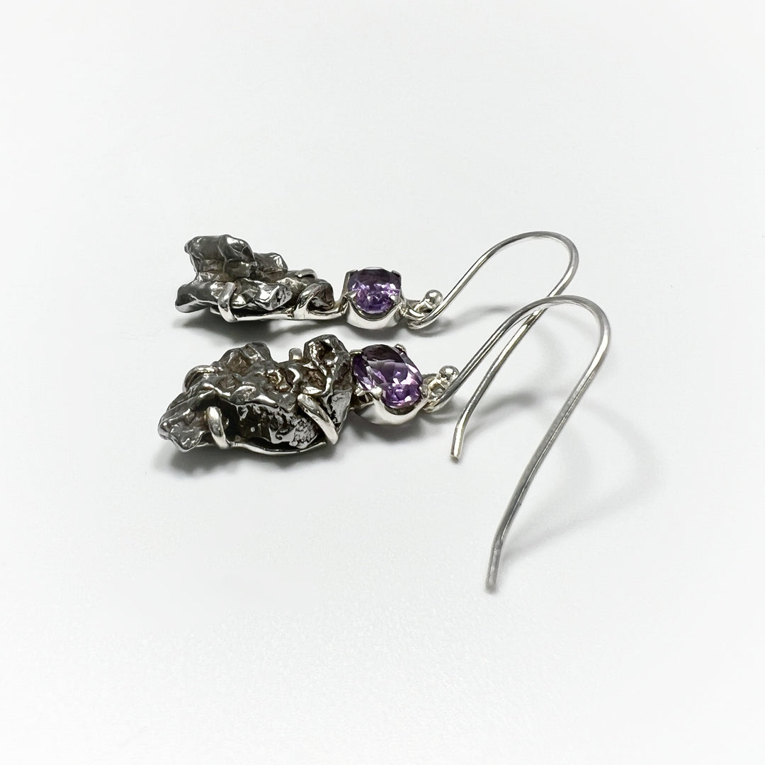 Campo Del Cielo Meteorite and Faceted Amethyst Dangle Earrings - Rocks and Gems Canada