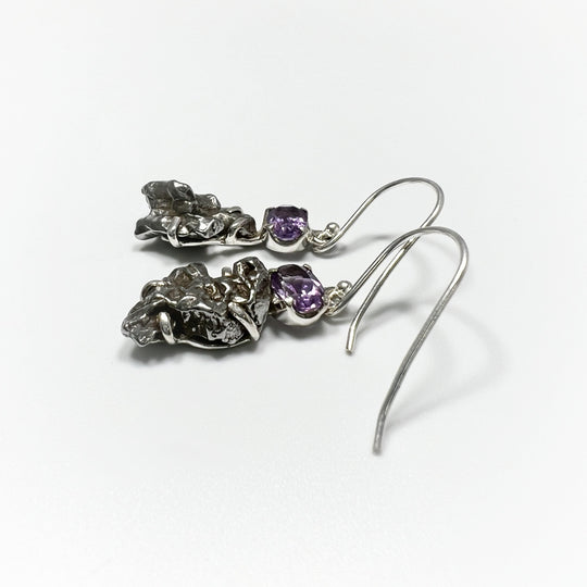Campo Del Cielo Meteorite and Faceted Amethyst Dangle Earrings - Rocks and Gems Canada