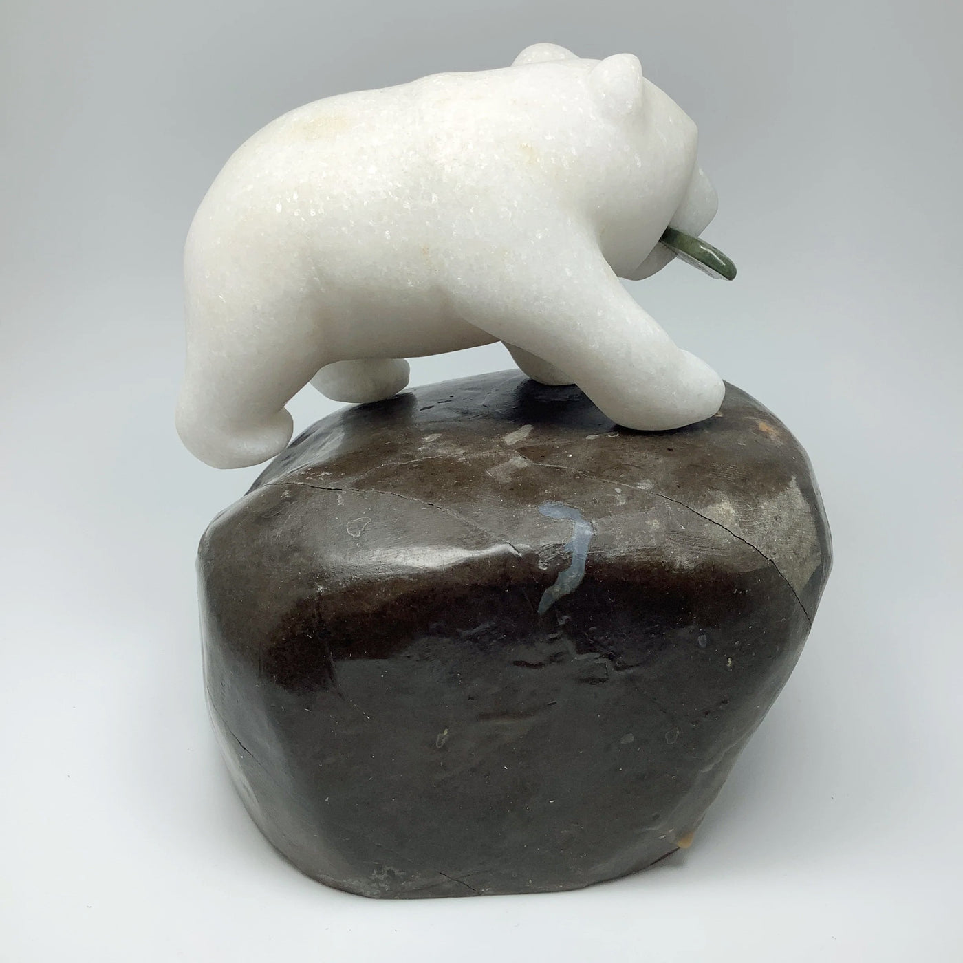 Star Marble Bear Carving with Canadian Jade Fish on Amethyst Base