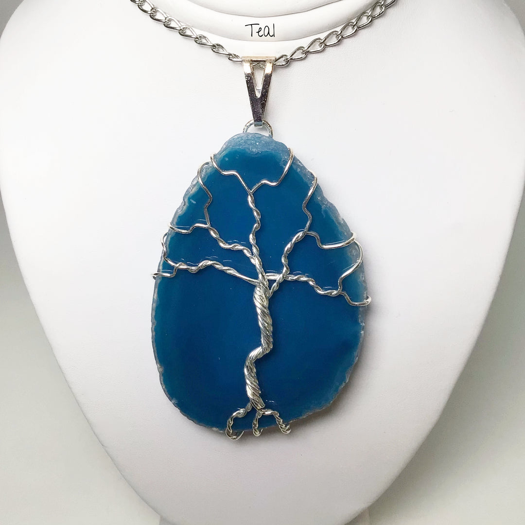 Tree of Life on Agate Slice Necklace - Silver Plated - Rocks and Gems Canada