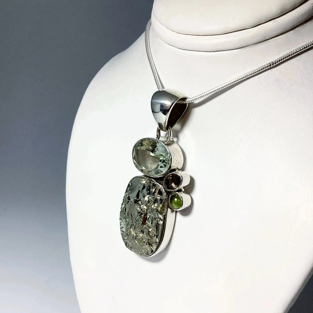 Iron Pyrite, Green Amethyst, Smoky Quartz and Peridot Pendant - Rocks and Gems Canada