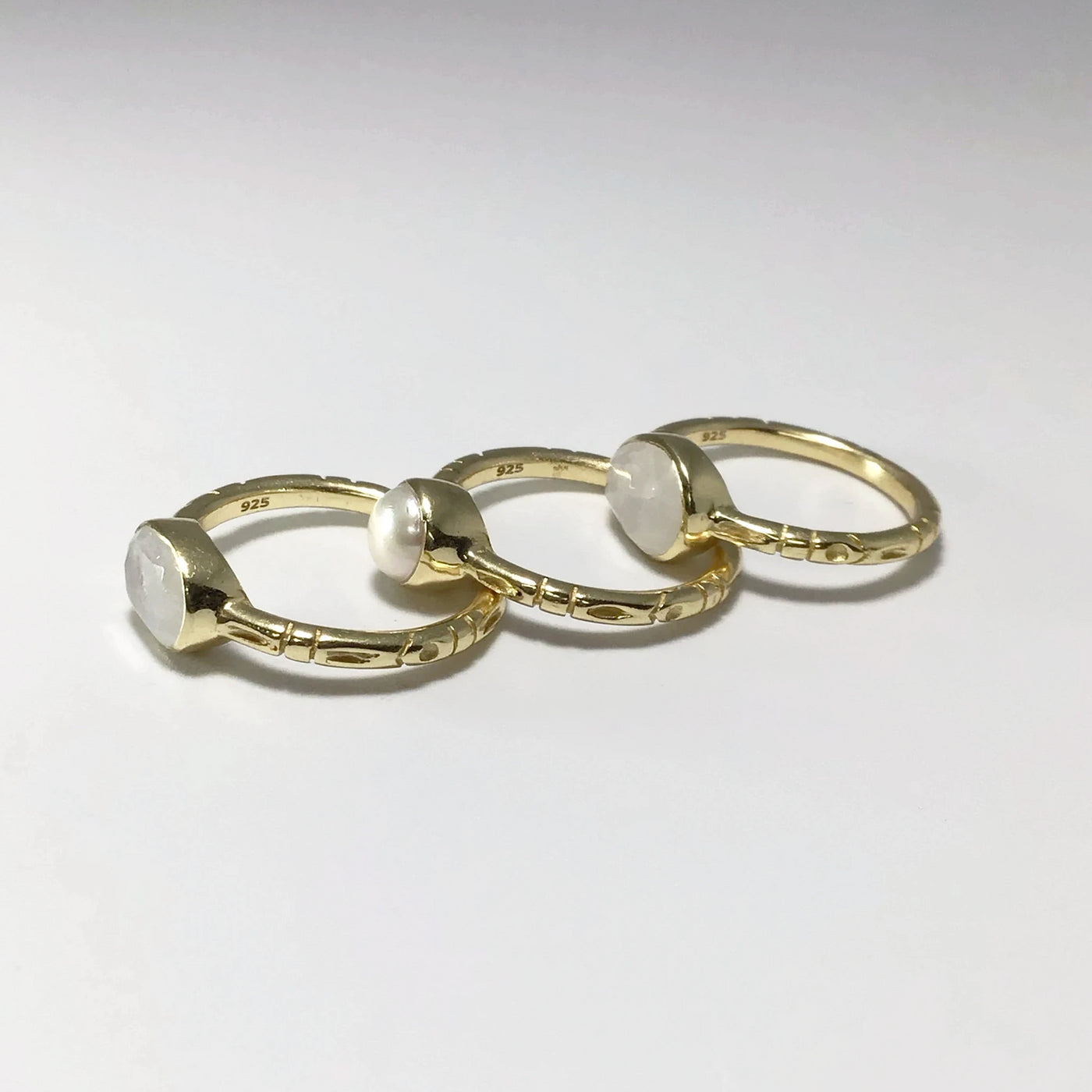 Triple Ring Set - Rainbow Moonstone and Pearl