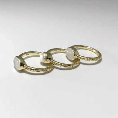 Triple Ring Set - Rainbow Moonstone and Pearl