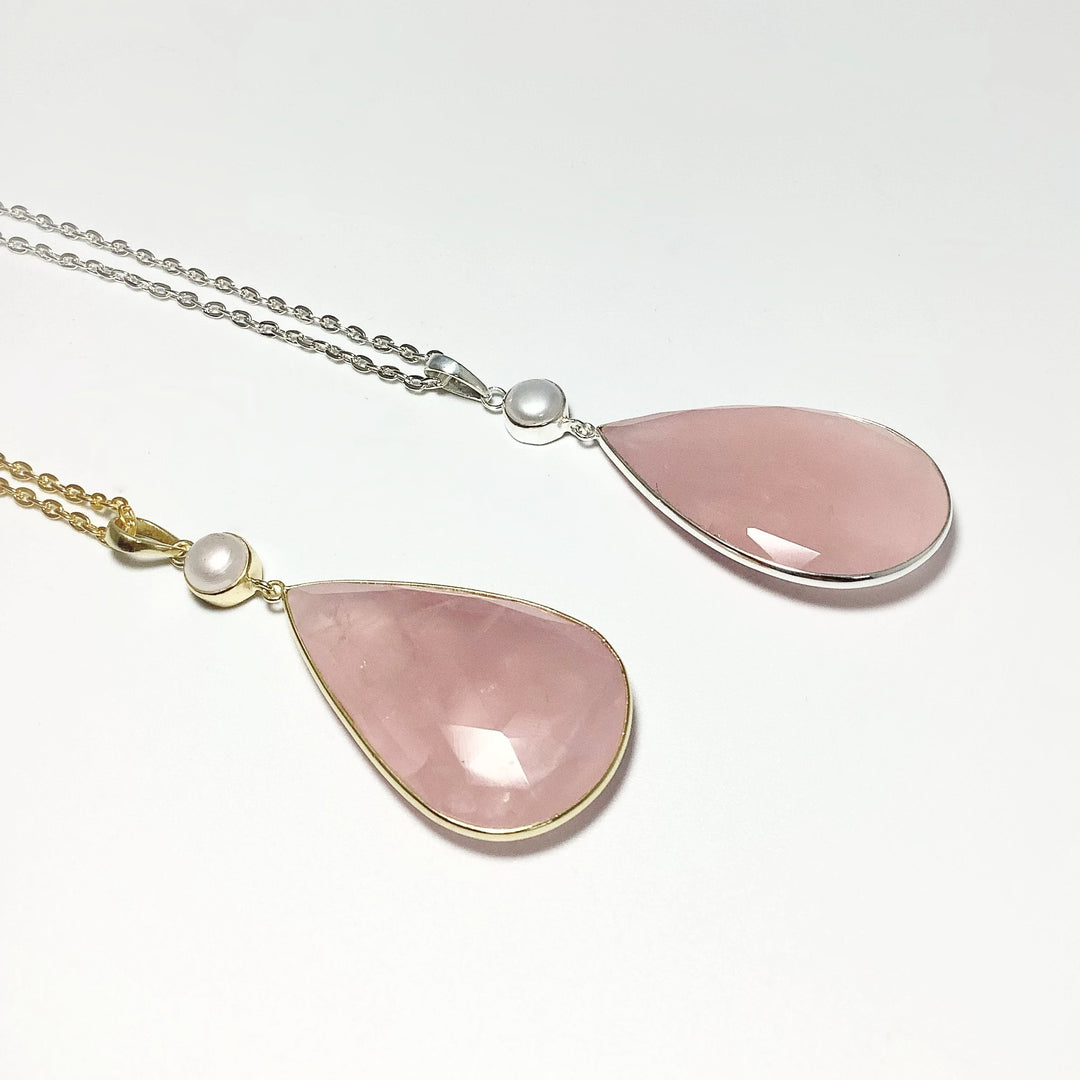 Faceted Rose Quartz and Pearl Pendant - Rocks and Gems Canada