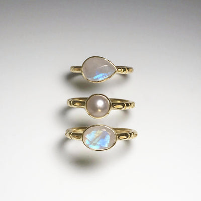Triple Ring Set - Rainbow Moonstone and Pearl