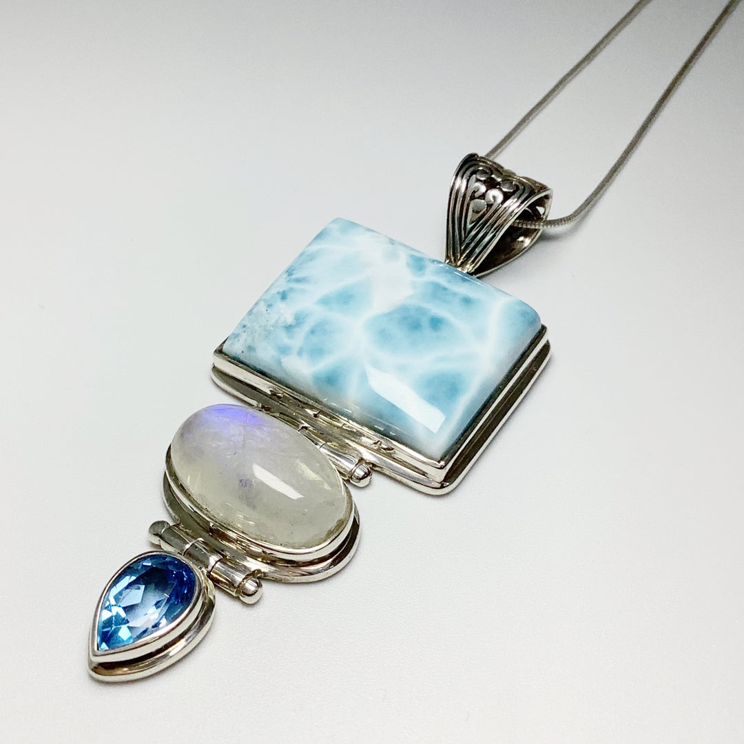 Larimar, Rainbow Moonstone and Blue Topaz Pendant - Rocks and Gems Canada