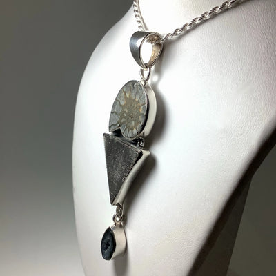 Muonionalusta Meteorite, Ammonite and Geode Pendant