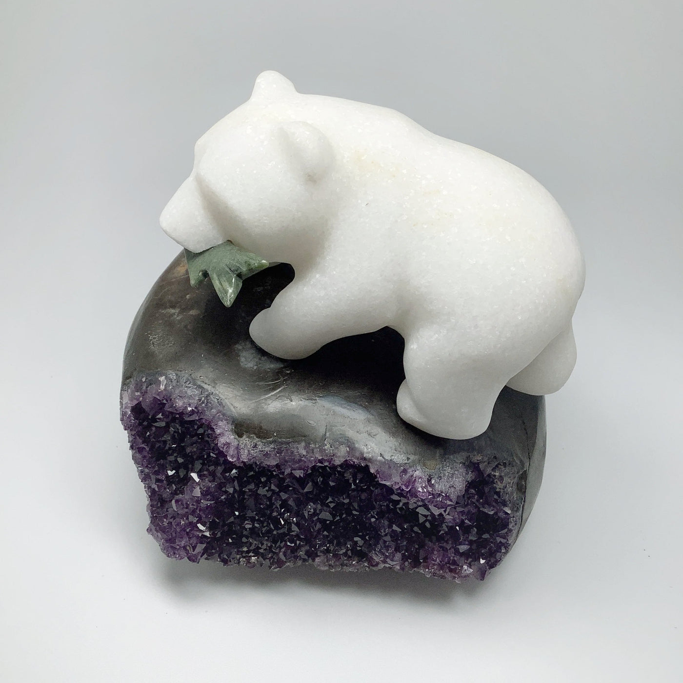 Star Marble Bear Carving with Canadian Jade Fish on Amethyst Base