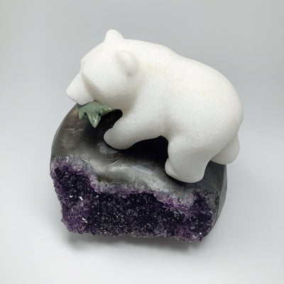 Star Marble Bear Carving with Canadian Jade Fish on Amethyst Base