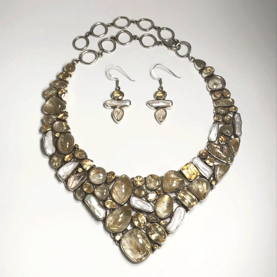 Rutilated Quartz, Citrine and Pearl Necklace and Earrings Set - Rocks and Gems Canada