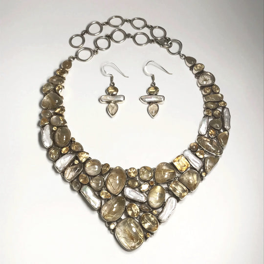 Rutilated Quartz, Citrine and Pearl Necklace and Earrings Set - Rocks and Gems Canada