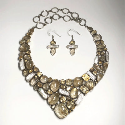 Rutilated Quartz, Citrine and Pearl Necklace and Earrings Set