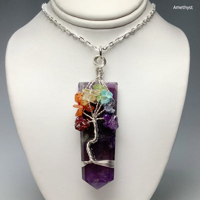 Wire Wrapped Flat Point with Chakra Tree of Life Necklace