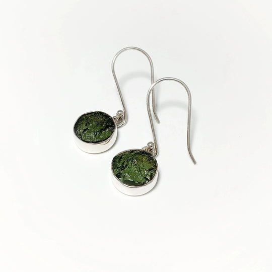 Moldavite Round Dangle Earrings - Rocks and Gems Canada