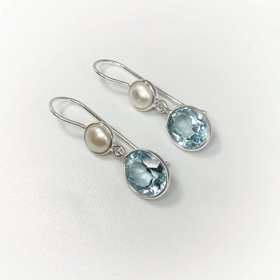 Blue Topaz and Pearl Dangle Earrings