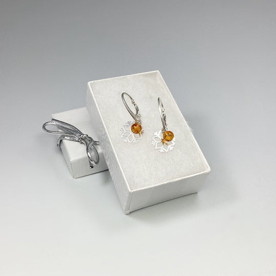 Cognac Amber Snowflake Dangle Earrings - Rocks and Gems Canada
