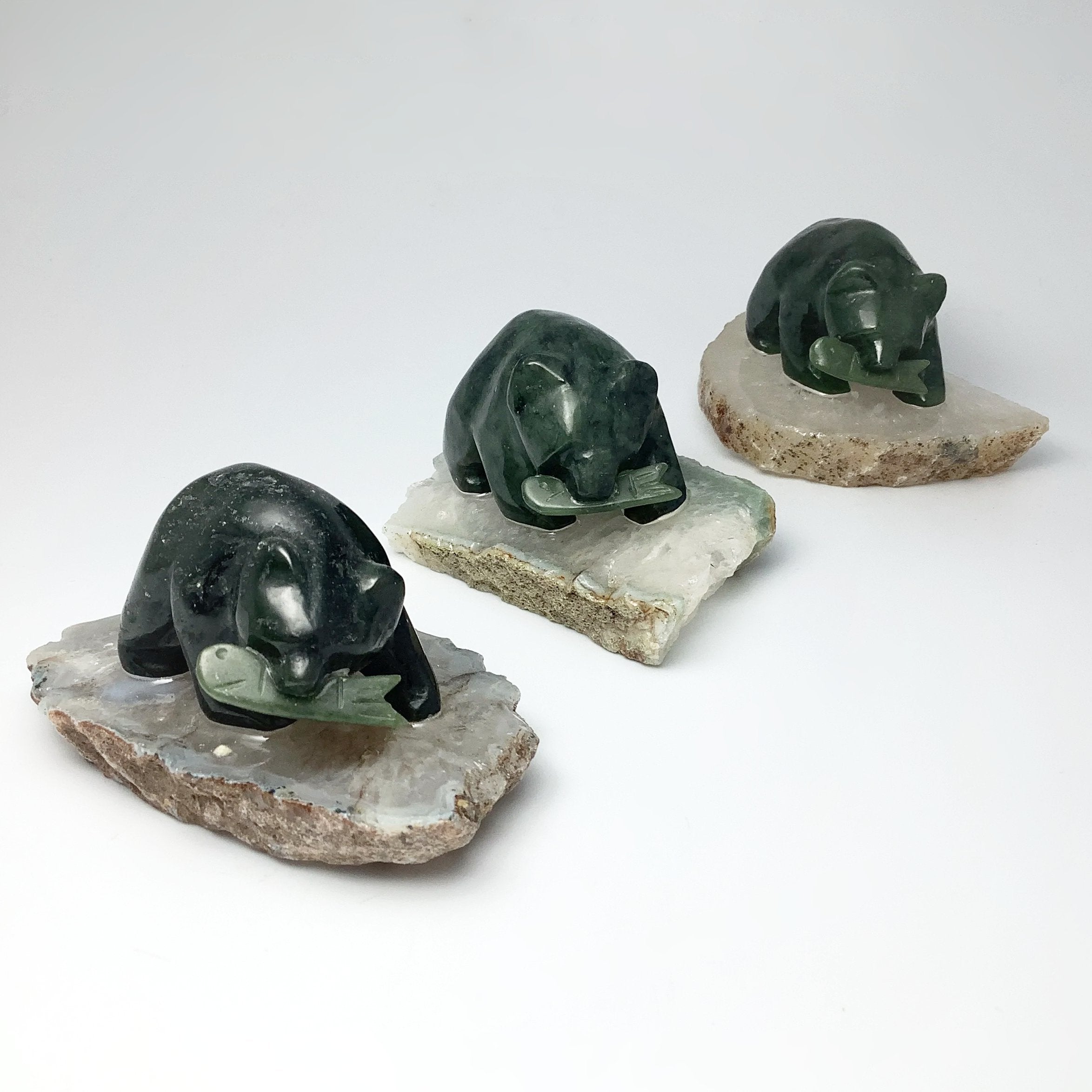 BC Jade Bear with Fish Carving on Natural Agate Base - Rocks and Gems Canada