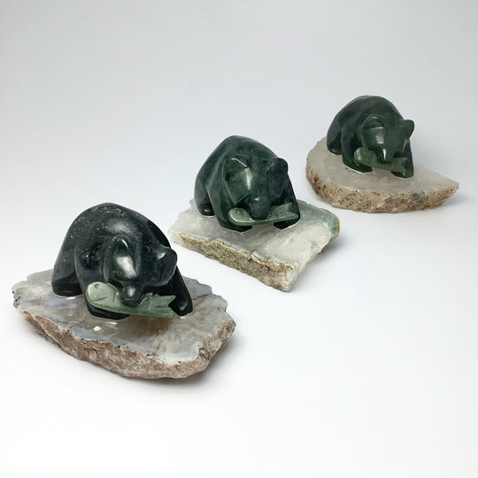 BC Jade Bear with Fish Carving on Natural Agate Base - Rocks and Gems Canada