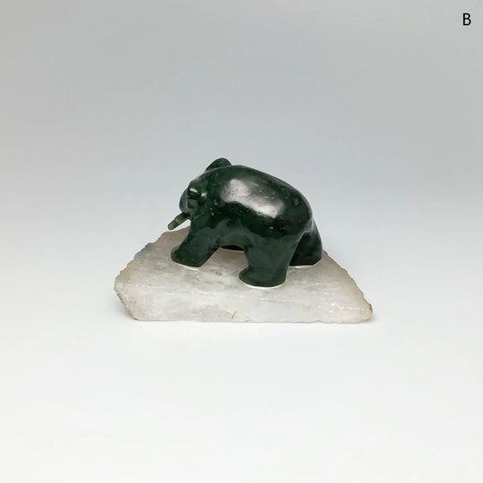 BC Jade Bear with Fish Carving on Natural Agate Base - Rocks and Gems Canada