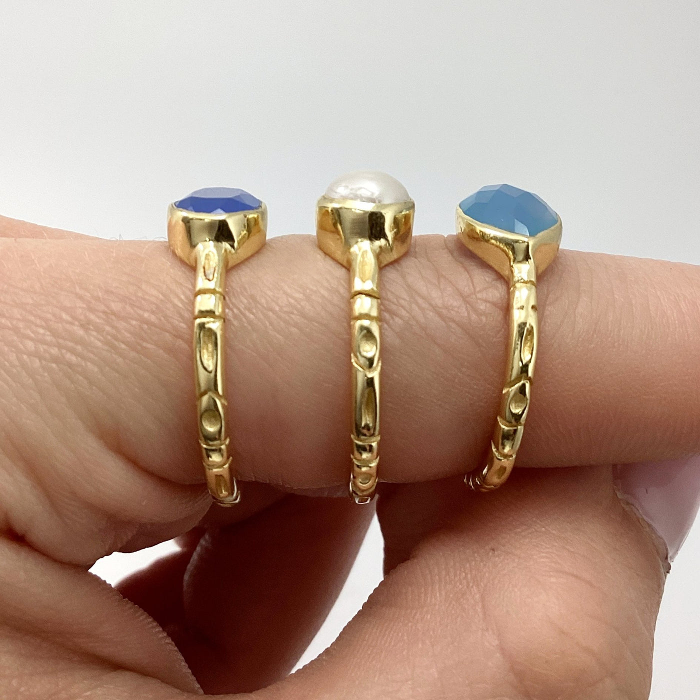 Triple Ring Set - Blue Chalcedony and Pearl