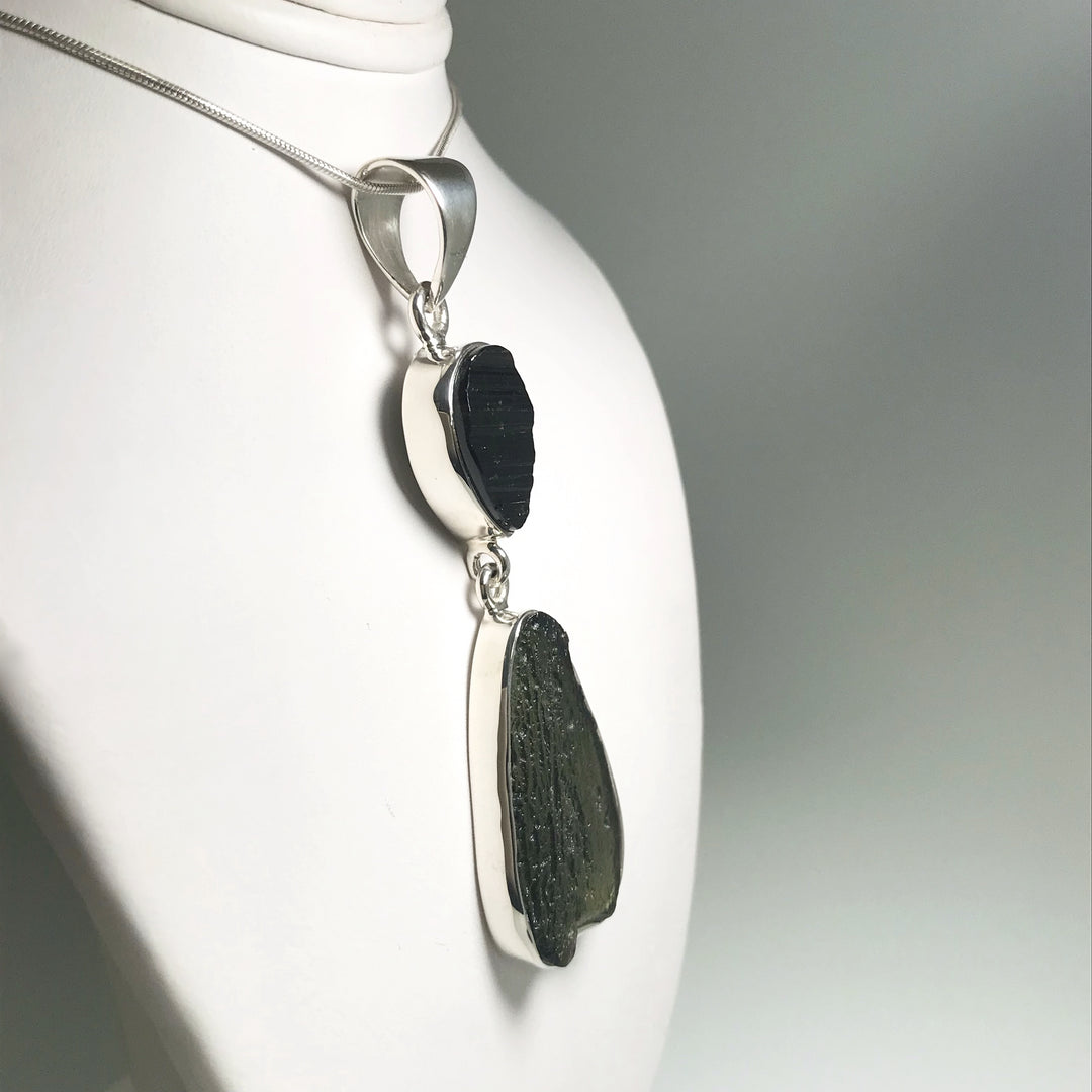 Moldavite with Black Tourmaline Pendant - Rocks and Gems Canada