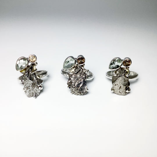 Campo Del Cielo Meteorite, Green Amethyst and Smoky Quartz Ring - Rocks and Gems Canada