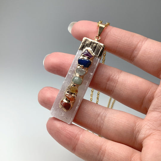 Selenite and Chakra Stone Necklace - Rocks and Gems Canada