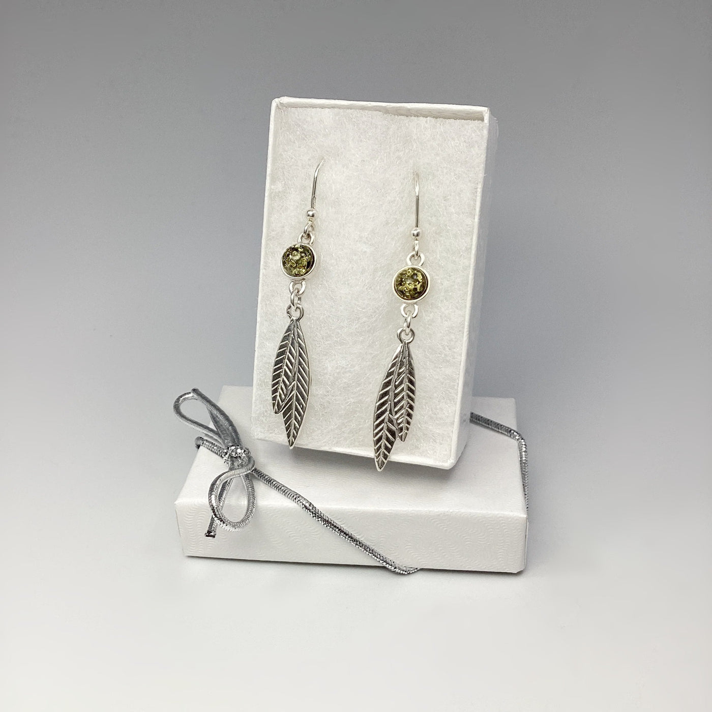 Green Amber Feather Dangle Earrings