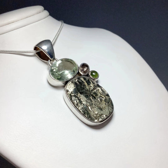 Iron Pyrite, Green Amethyst, Smoky Quartz and Peridot Pendant - Rocks and Gems Canada