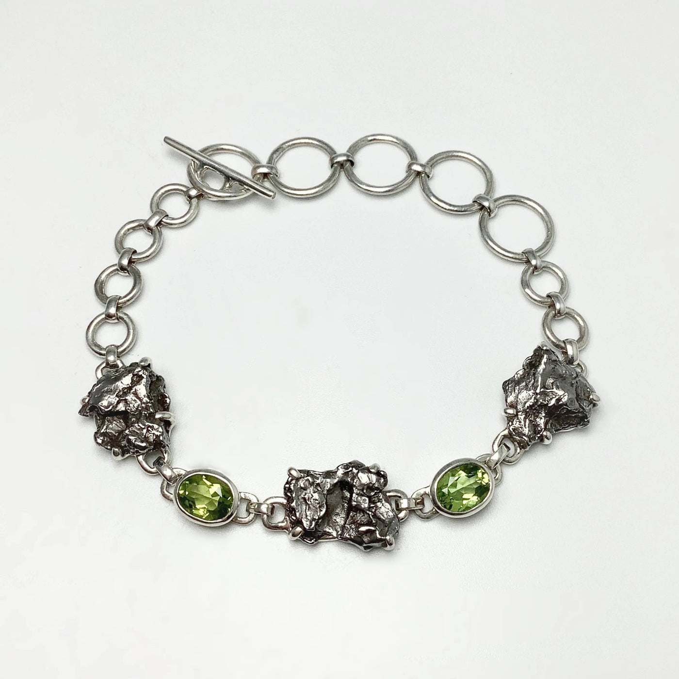 Campo Del Cielo Meteorite and Faceted Peridot Sterling Silver Bracelet