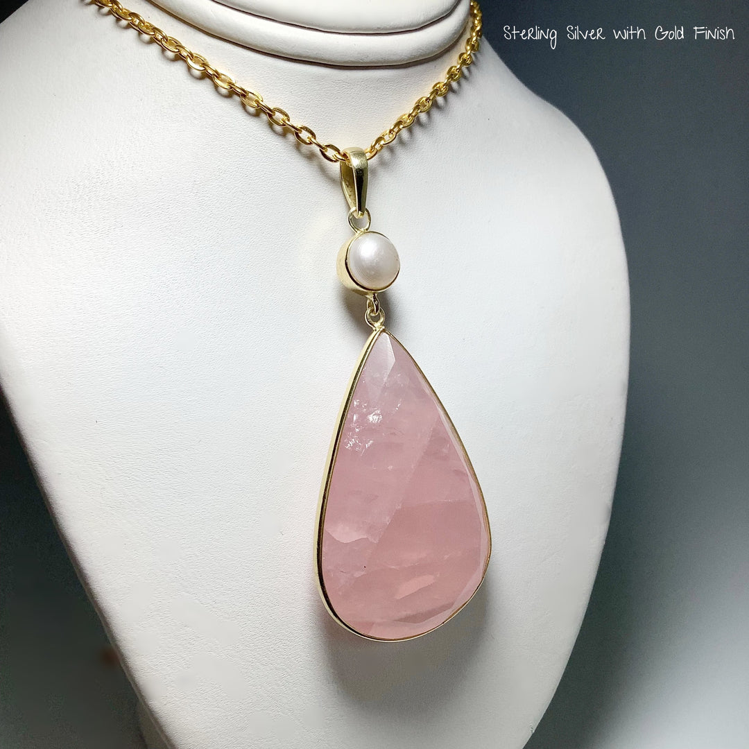 Faceted Rose Quartz and Pearl Pendant - Rocks and Gems Canada