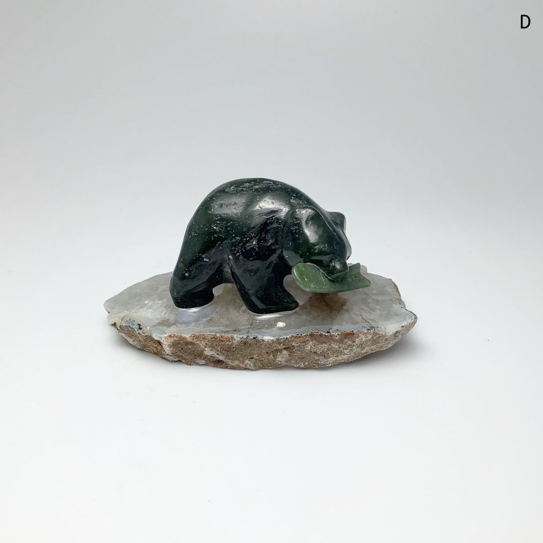 BC Jade Bear with Fish Carving on Natural Agate Base - Rocks and Gems Canada