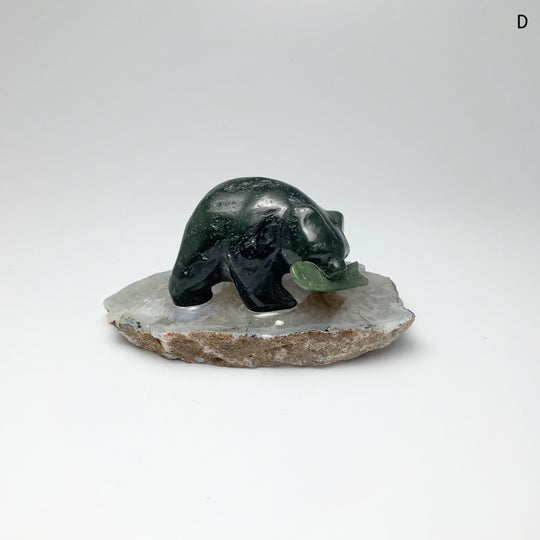 BC Jade Bear with Fish Carving on Natural Agate Base - Rocks and Gems Canada
