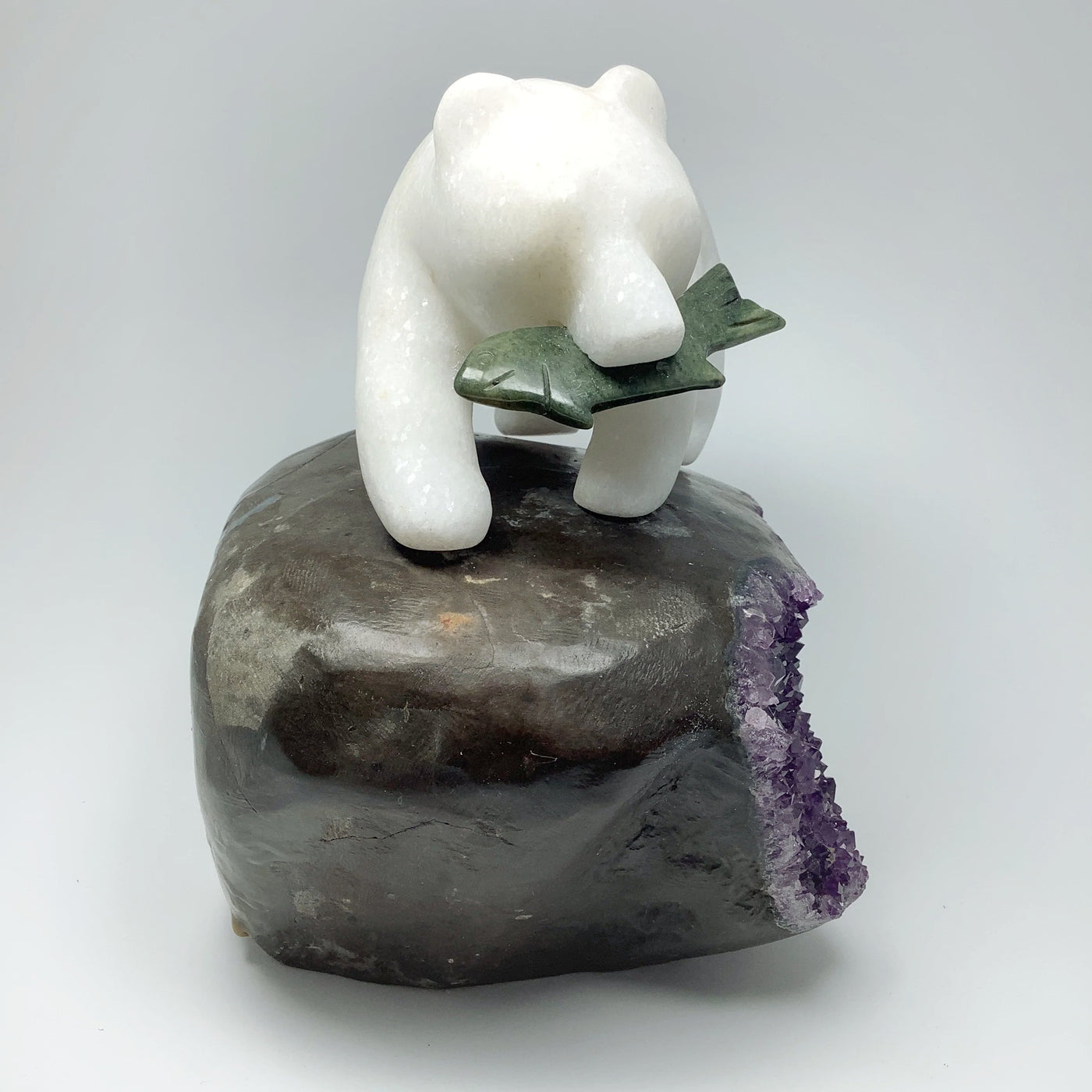 Star Marble Bear Carving with Canadian Jade Fish on Amethyst Base