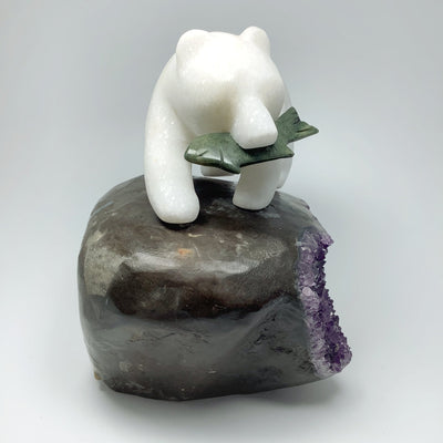 Star Marble Bear Carving with Canadian Jade Fish on Amethyst Base