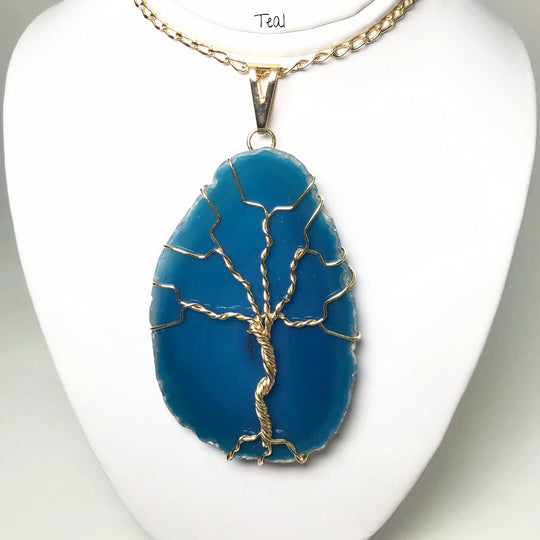 Tree of Life on Agate Slice Necklace - Gold Plated - Rocks and Gems Canada