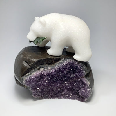 Star Marble Bear Carving with Canadian Jade Fish on Amethyst Base