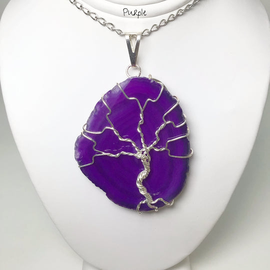 Tree of Life on Agate Slice Necklace - Silver Plated - Rocks and Gems Canada