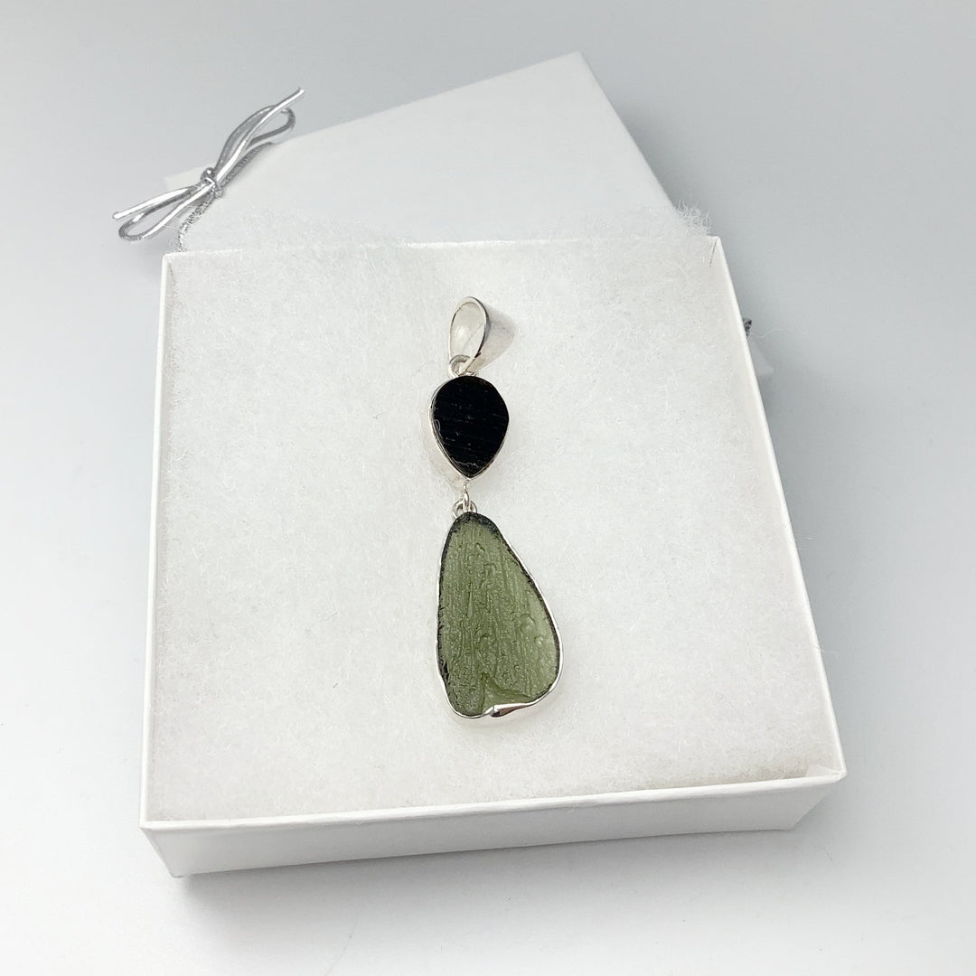 Moldavite with Black Tourmaline Pendant - Rocks and Gems Canada