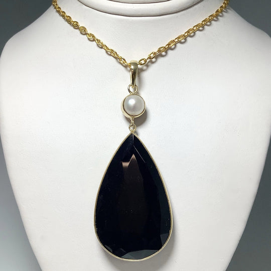 Faceted Black Onyx and Pearl Pendant - Rocks and Gems Canada