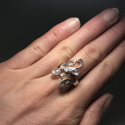 Rainbow Moonstone with Blue Topaz Ring