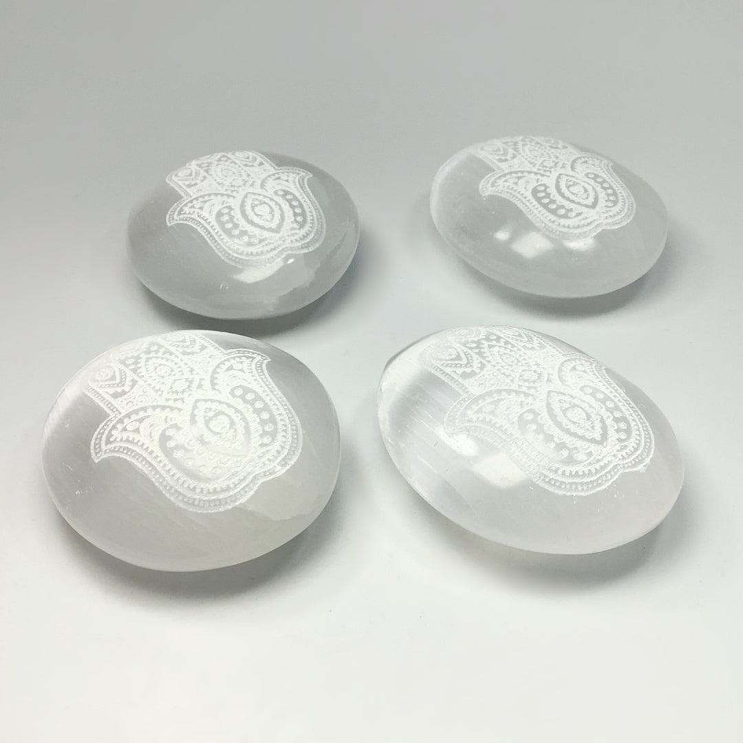 Selenite Palm Stone with Fatima Hand Engraving - Rocks and Gems Canada