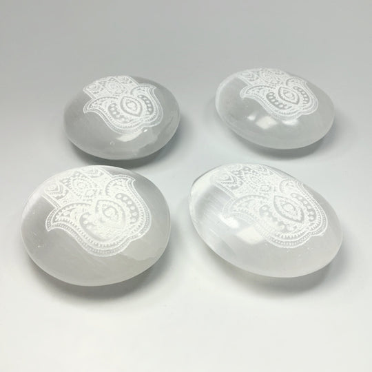 Selenite Palm Stone with Fatima Hand Engraving - Rocks and Gems Canada