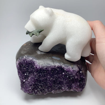 Star Marble Bear Carving with Canadian Jade Fish on Amethyst Base