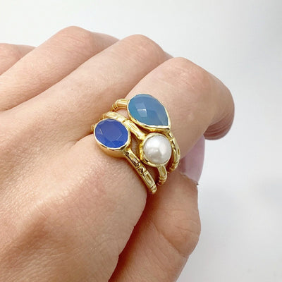 Triple Ring Set - Blue Chalcedony and Pearl